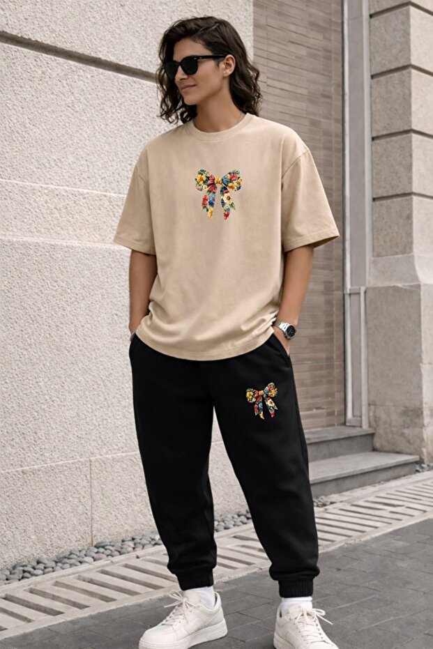 Women's Wide Cut Cotton Oversize Thort Track Suit with Flowered Bow Print