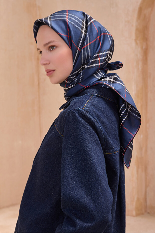 Twill Silk Scarf Plaid Checkered, Navy Blue