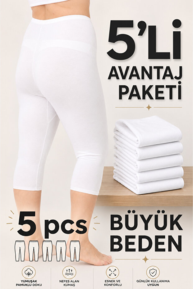 Women's 5-Pack White Plus Size Underwear Capri Leggings (with Mesh) - 90% Cotton