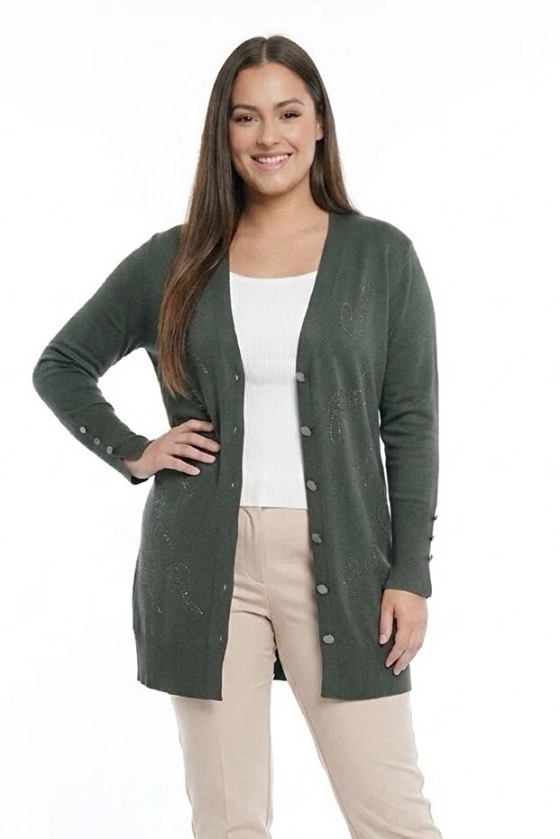 Women's Sleeves Button Detailed Stone Print Lettering Plus Size Long Cardigan