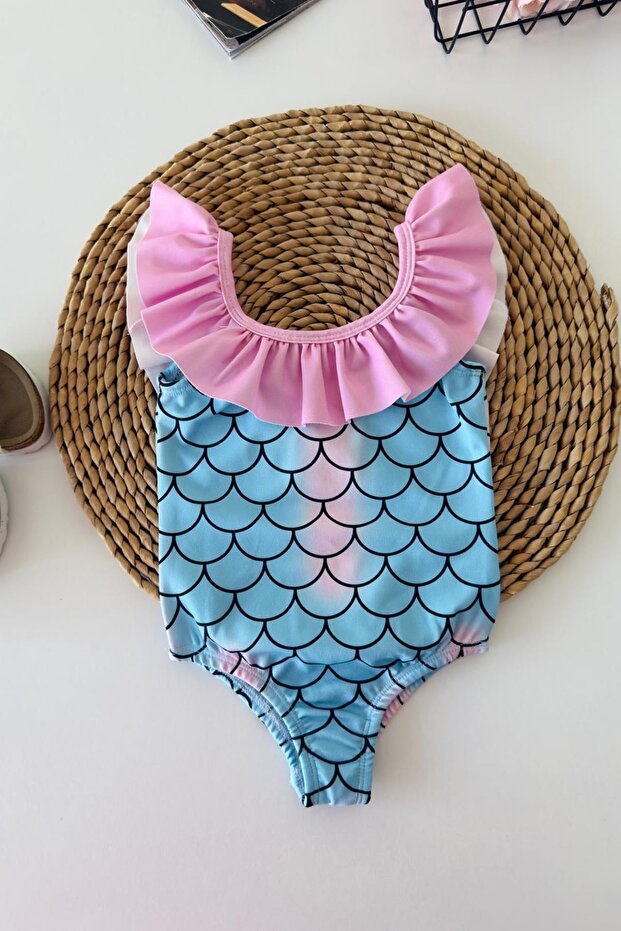 My Little One's Skin-Friendly Fish Scale Patterned Girls' Swimsuit - Blue