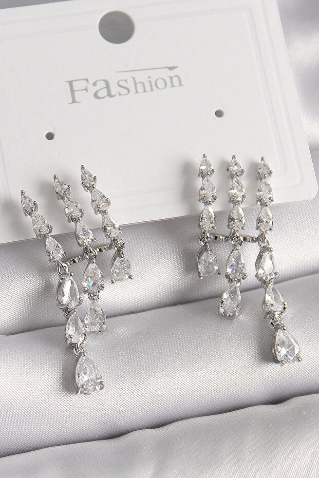 Brass Silver Color Zircon Stone Rain Model Women's Earrings Water Resistant Anti-Allergic Non-Tarnish