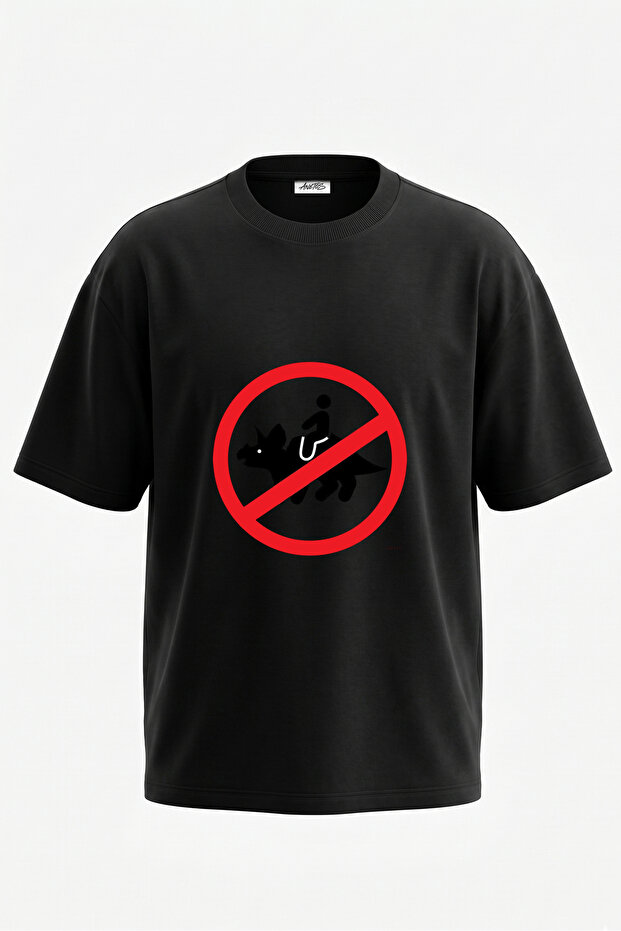 No Triceratops Ride Design Back Printed Cotton Black Oversize T-Shirt