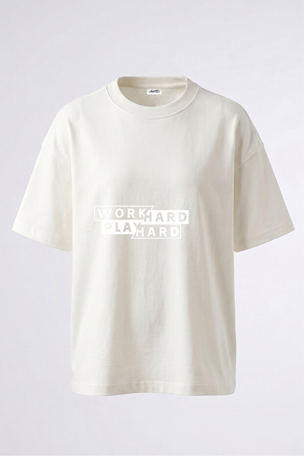 Work Hard Play Hard Design Back Printed Cotton White Oversize T-Shirt