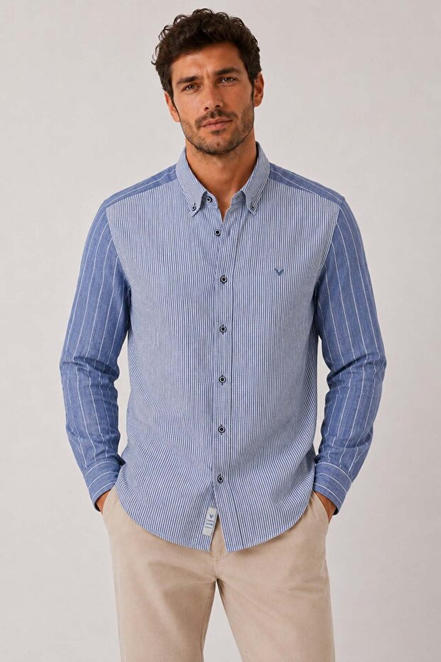 Slim Fit Long Sleeve Double Pattern Lapel Buttoned Linen Lycra Pocketless Gift Boxed Men's Shirt Fs-004578