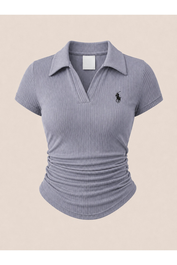 Vintage Polo Collar Ribbed Lycra Blouse