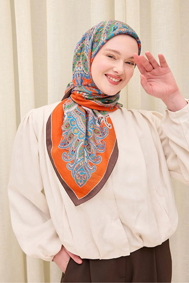 Lorena - Velora Ethnic Series Scarf - Bright Orange, Blue, Bitter - 161027-08