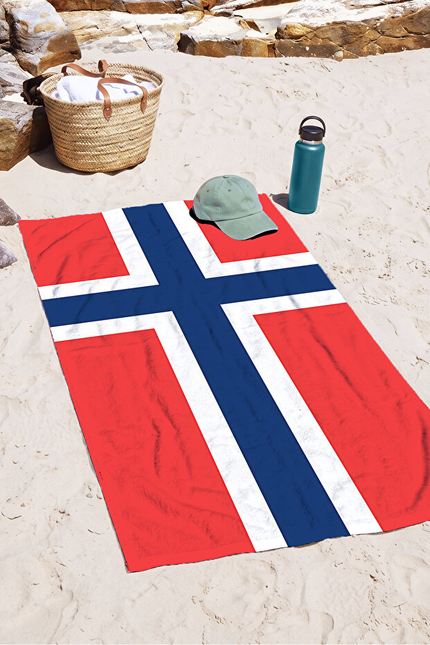 Nordic Flag Themed Beach Towel-Red Navy Blue Modern Marine Quick Dry Microfiber Towel