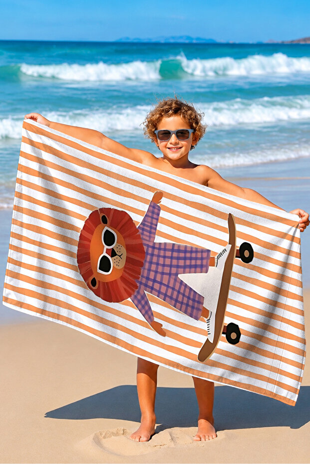 Striped Children's Beach Towel with Lion Figure - Orange Modern Animal-Themed Quick-Drying Microfiber Towel