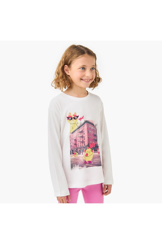 Girls Crew Neck T-shirt with Graphic Print - Cotton - Long Sleeves