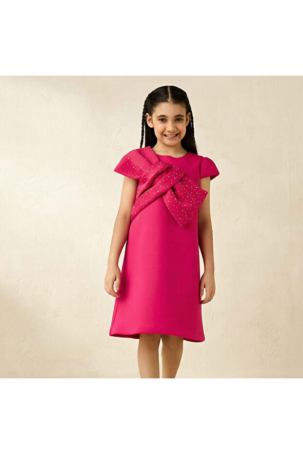 Round Neck Cap Sleeves Dress with Bow Accent