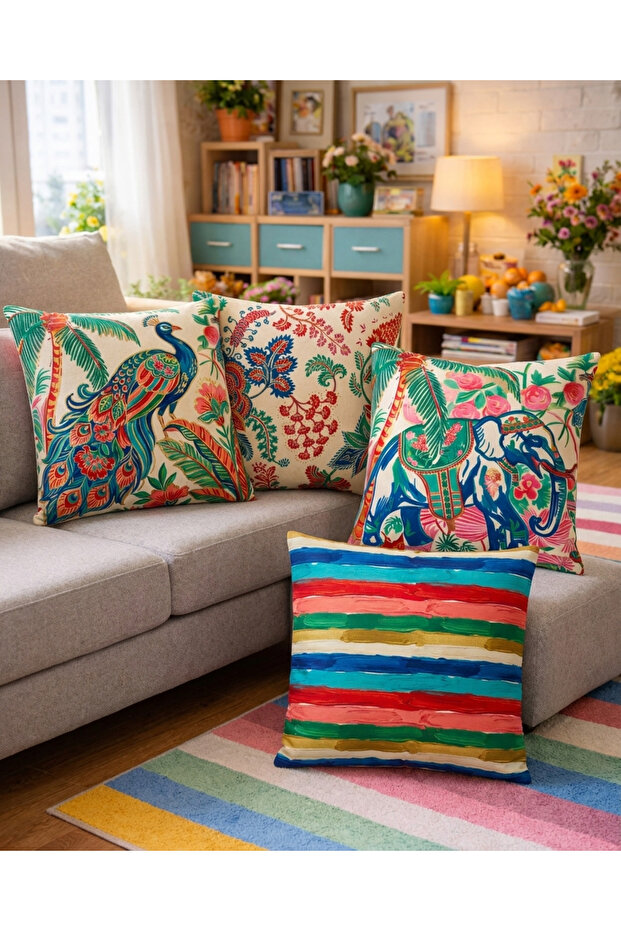 Printed Indian Elephant Patterned 4-Piece Suede Throw Pillow Cover Set
