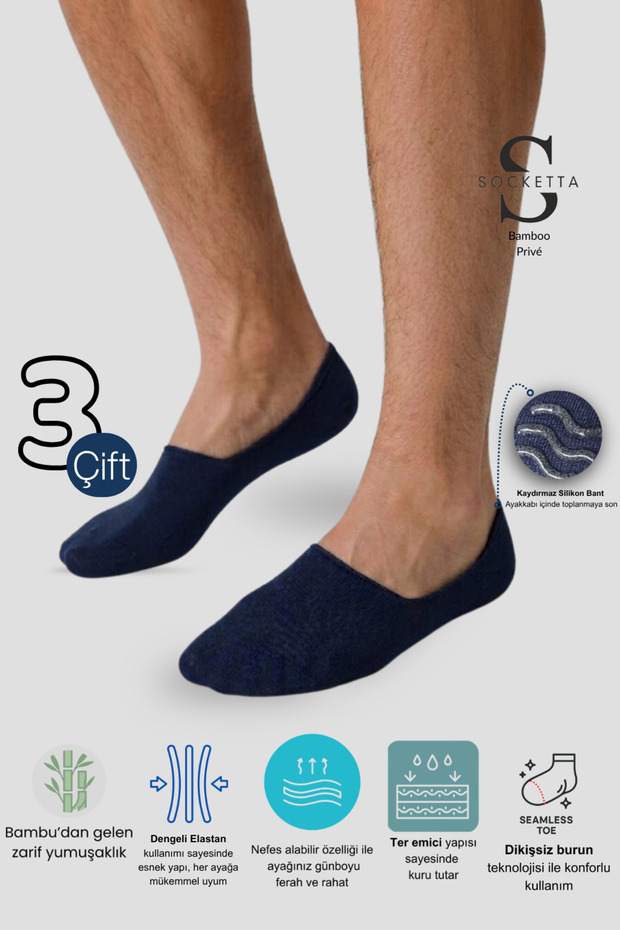 3 Pack Navy Blue Men's Bamboo Seamless Flexible Non-Slip Invisible Ballerina Socks - Premium