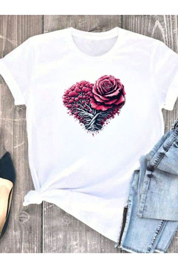 White Women's T-Shirt with Heart and Rose Pattern