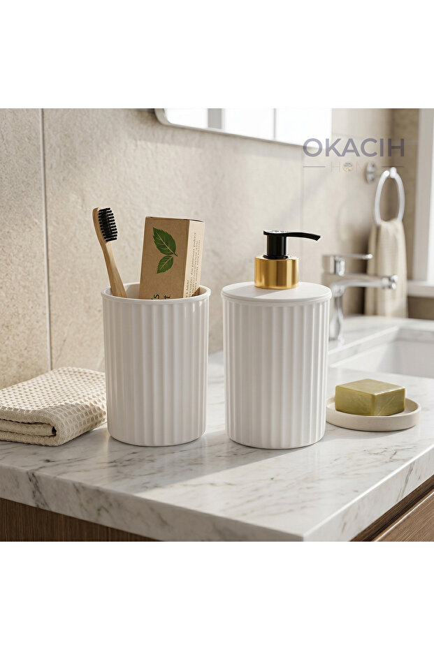 Striped Countertop Soap Dispenser Set - Luxury Liquid Soap Dispenser and Toothbrush Holder Set