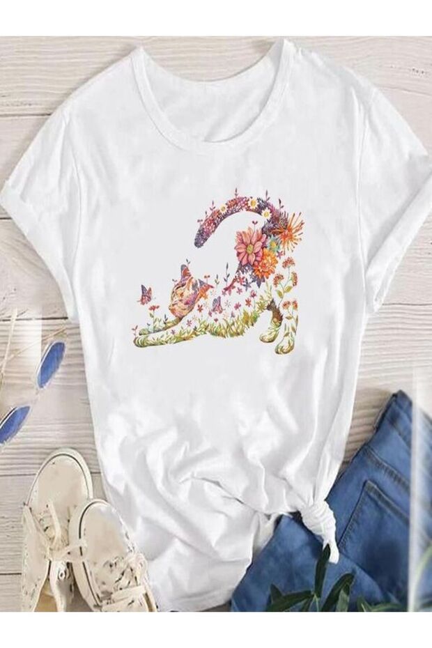 Floral Patterned Cat Printed White T-Shirt