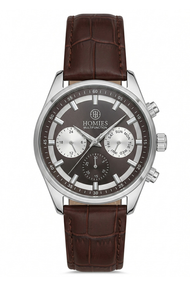 Men's Brown Leather Cord Brown Dial Function Wristwatch 2 Years Warranty