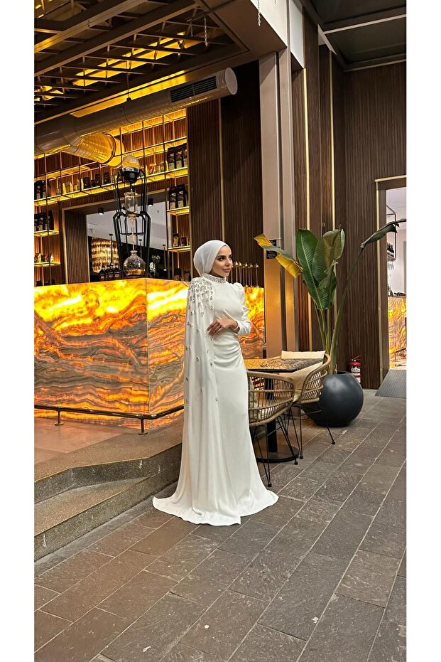 Stone Detailed Hijab Wedding Dress with Cape