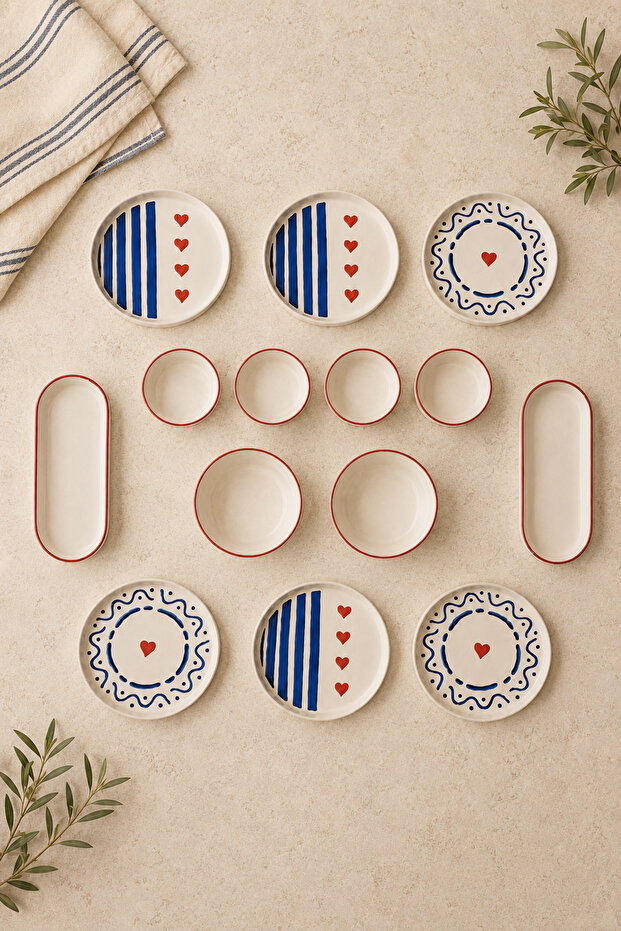 Blue Heart 14 Piece Breakfast Set for 6 People