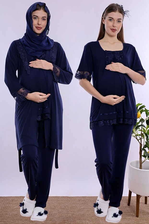 Effortt Maternity Pajama Set with Hijab, Comfortable Cut, Breastfeeding Feature, and Robe - Navy Blue