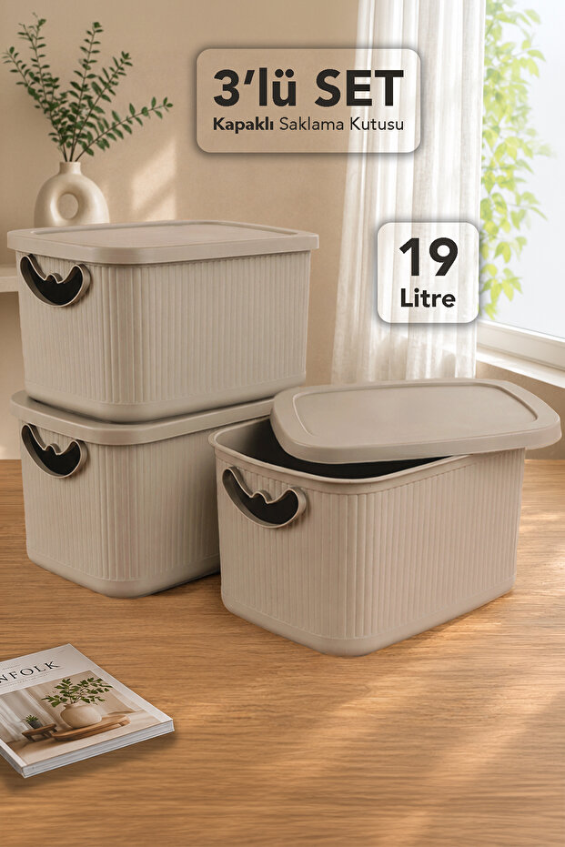 3-Piece Storage Box with Lid - Multi-Purpose Decorative Organizer Closet Organizer Basket 19Lt Beige