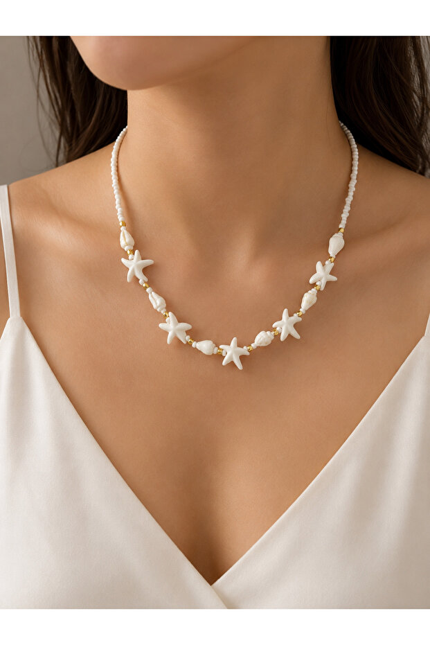 White Sea Shell Starfish Necklace with Gold Bead Detail Adjustable Model