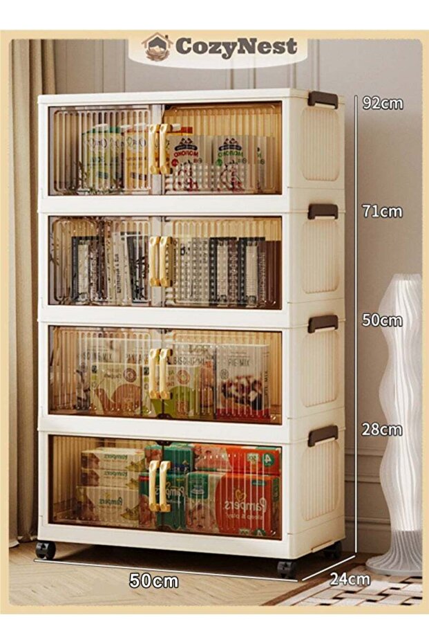 CozyNest 4-Tier Foldable Plastic Storage Cabinet, 50cm with Handle, Double Doors & Wheels, Stackable Organizer