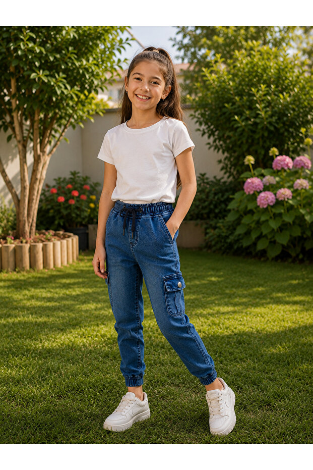 Blue Denim Cargo Pants Girls 98% Cotton 8-12 Years Old