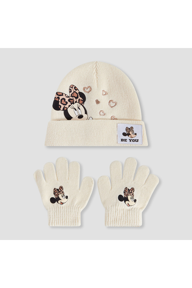 Girls Winter Cap and Gloves with Minnie Mouse Print - Cotton