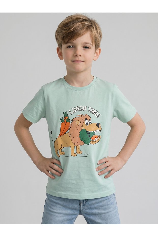 Cotton Vegan Lion Lunch Printed Short Sleeve T-shirt