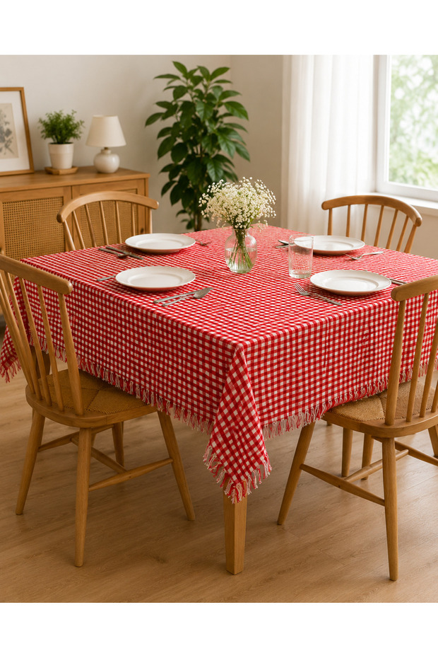 Square Pattern Textured Tablecloth with Tassel Detail | Dining Table Cover 170X170 cm