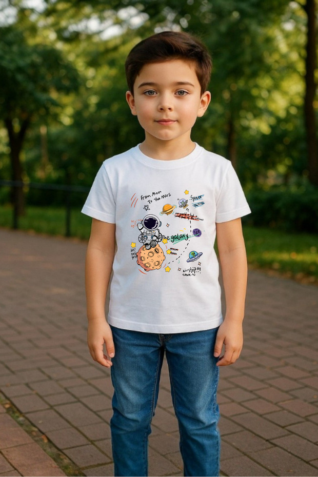 Unisex Girls/Boys Planet and Astronaut Printed 100% Cotton T-Shirt