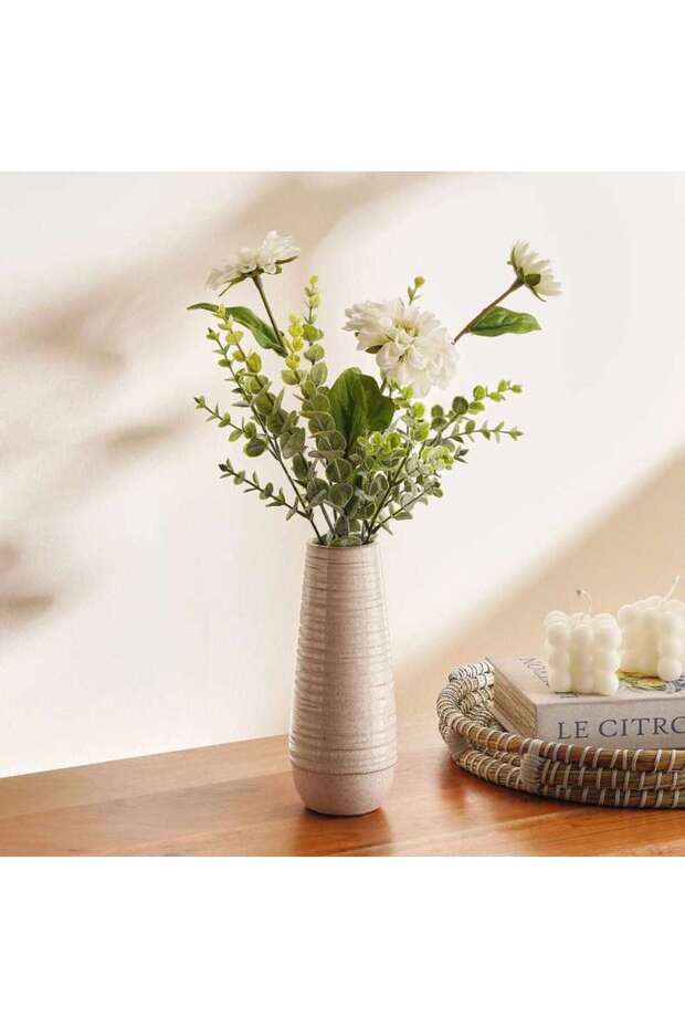 Zinnia & Eucalyptus Floral Arrangment In Ceramic Pot 24x20x52cm - Cream