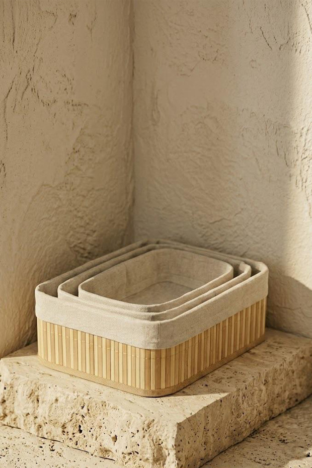 3-Piece Rectangular Fabric Multi-Purpose Bamboo Basket Set - 2