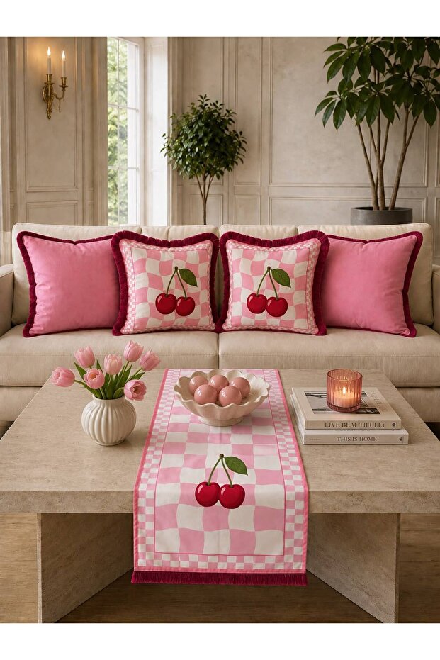 Cherry Dopa Series, Suede Fringed Throw Pillow Cover and Runner 5-Piece Combination Set