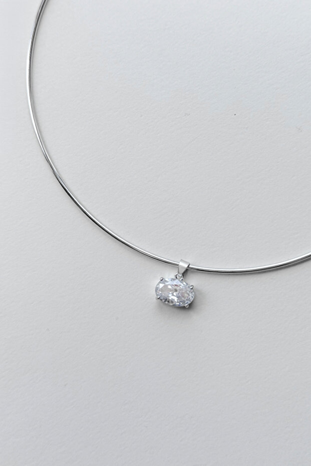 Oval Taşlı Silver Tasma Kolye