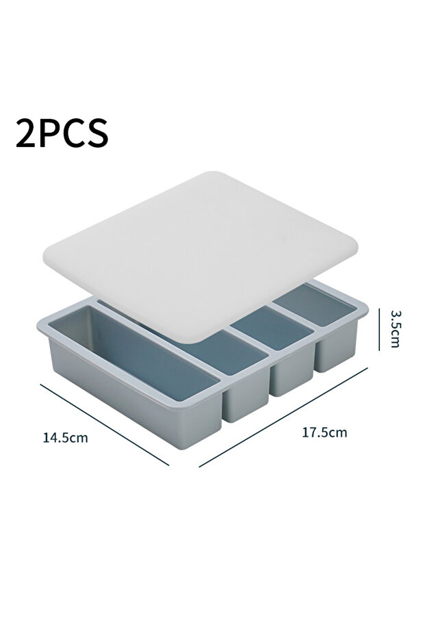 Blue with cover 2pcs 4-grid Large Strip Silicone Ice Tray Mold With Cover Suitable For Soup Broth Sa