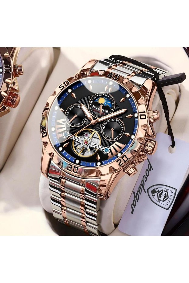 1410 RoseGold Blue S Luxury Men Watch Luminous Waterproof Hollow Tourbillon Male Clock Week Date Bu