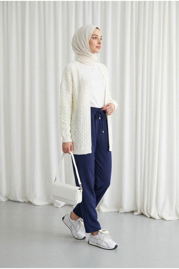 Openwork Patterned Casual Knitwear Cardigan -Ecru
