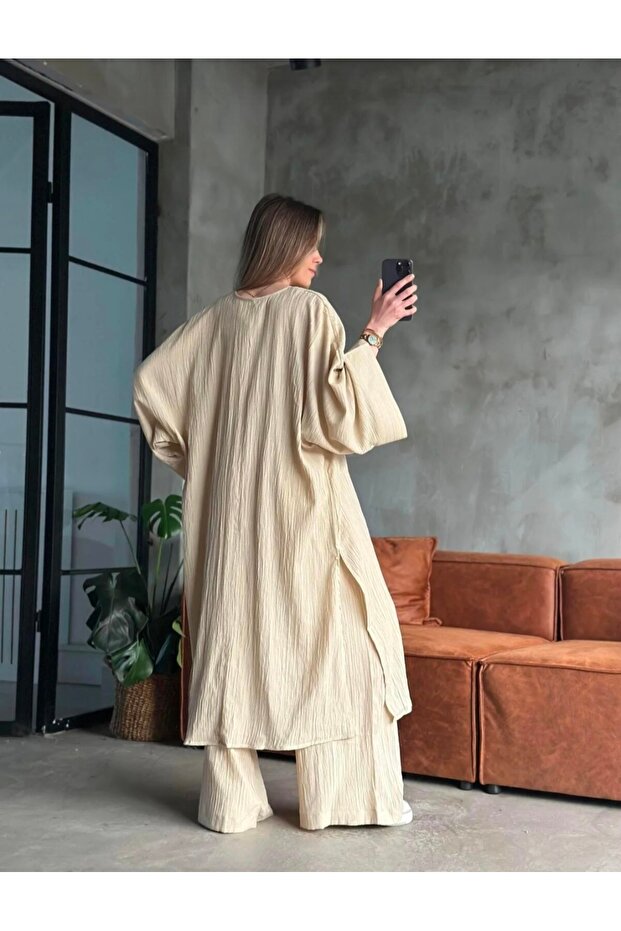 Linen Textured Double Suit Kimono Pants Set – Summer Comfortable Fit – Plus Size Options Available