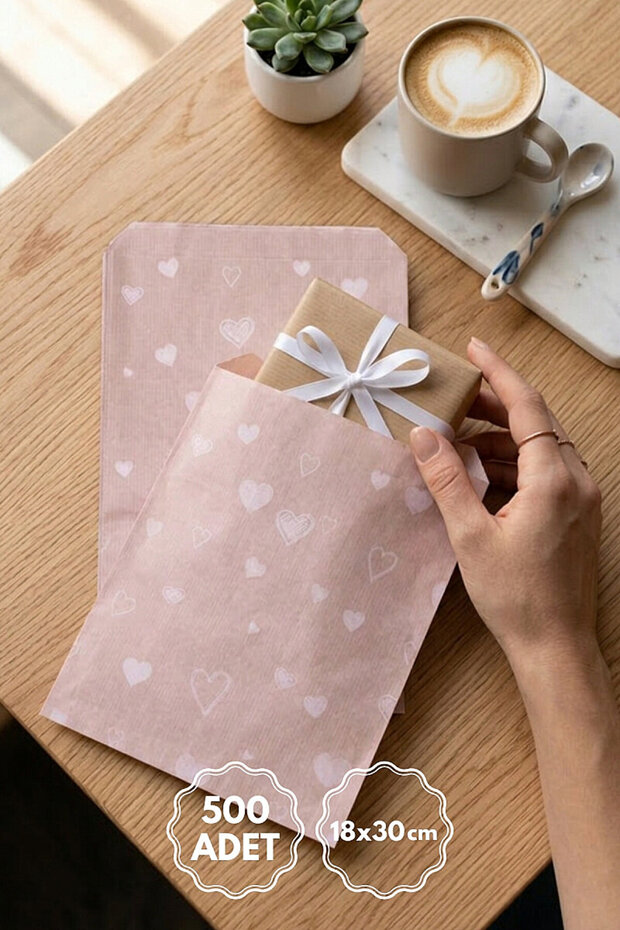 500 Large Size Paper Bags (18X30Cm) with Heart Pattern, Practical, Ready-To-Gift Package, Kraft-White