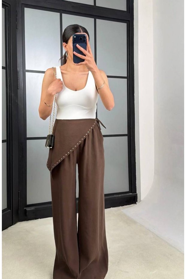 Women's Brown Tencel Pants with Elastic Waist and Bandana Detail