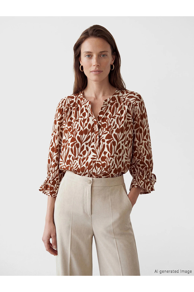 Ecru Collared Patterned Blouse