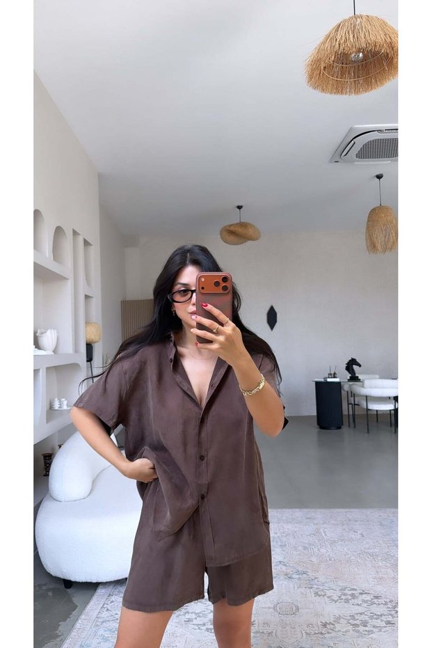 Brown Premium Fabric Shirt Shorts Set