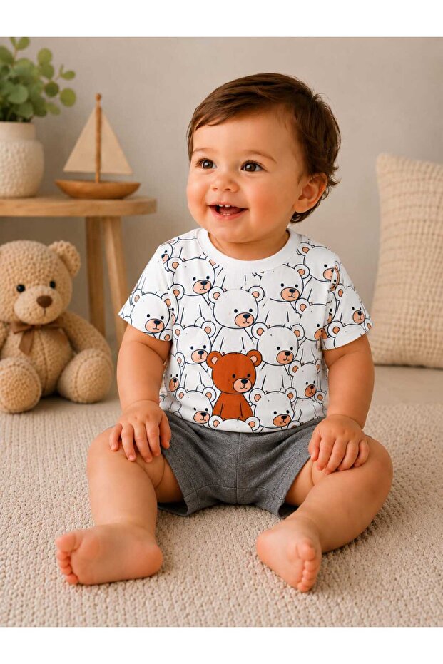 Mini Bear Friends Printed Cotton Combed Cotton Baby Boy Shorts Summer Set