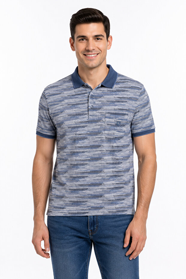 Gradient Transition Cotton Men's Polo Neck T-Shirt 1978-Indigo