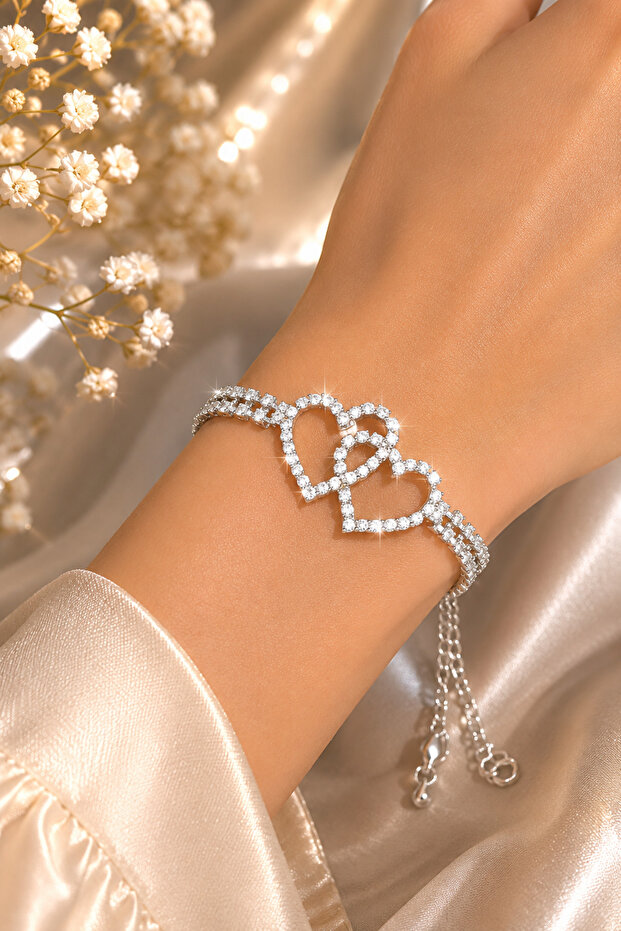 Double Heart Figured Zircon Stone Silver Color Women's Bracelet – Elegant and Stylish Design