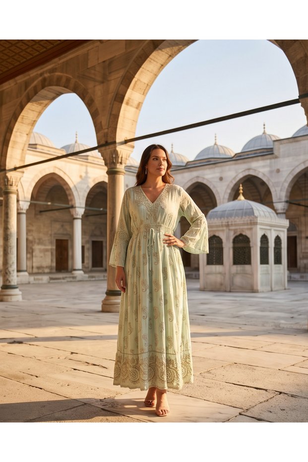 Women's Bohemian Shawl Patterned Glitter Striped V-Neck Tie-Up Maxi Length Water Green Dress