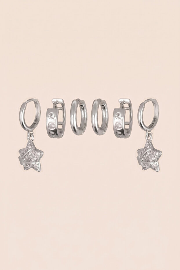 Silver Color Steel Zircon Stone Star Figured 6-Piece Hoop Earring Set