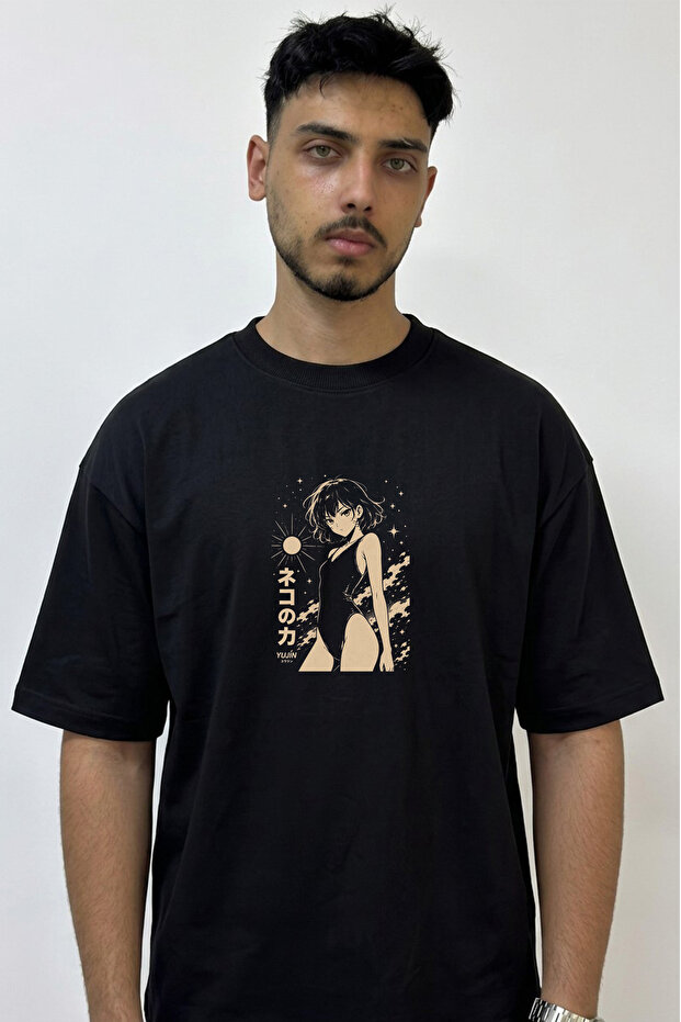 Anime Girl Swimsuit Design Printed Oversize Black T-Shirt